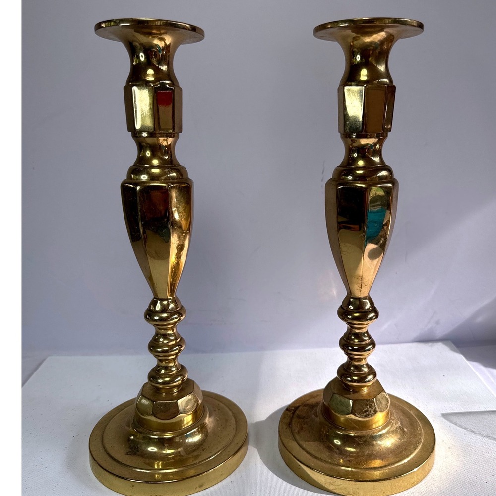 Vintage Brass Candlestick Holder Pair 8.5" Ornate Faceted Taper Candle Holders